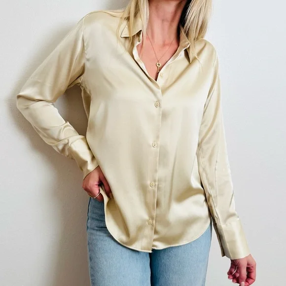 New Abercrombie & Fitch Cream Satin Elegant Long Sleeve Button Down Shirt - Picture 8 of 15